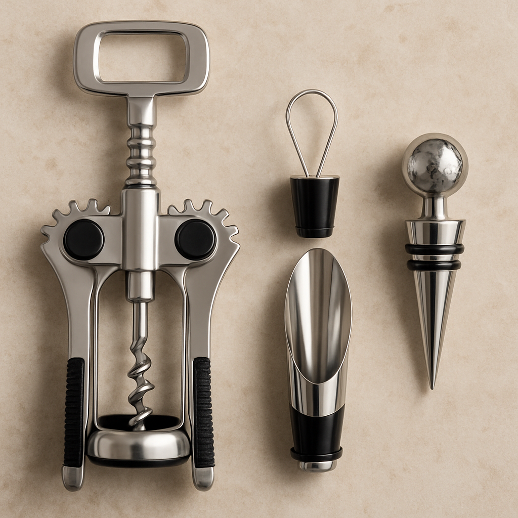 Kit vinho em aço inox com saca-rolhas, tampa e bico dosador – 3 peças