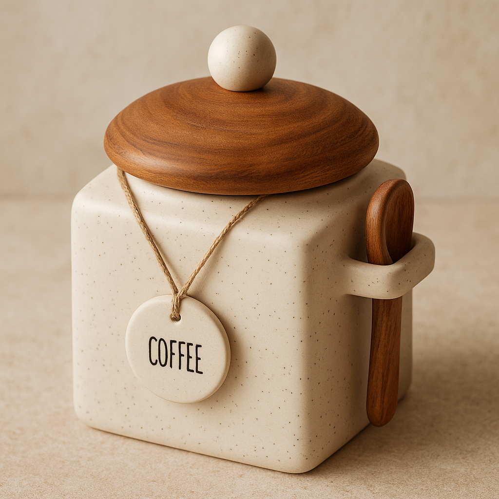 Porta Café em Cerâmica com Colher de Madeira Bege 12x15 cm – Mabruk