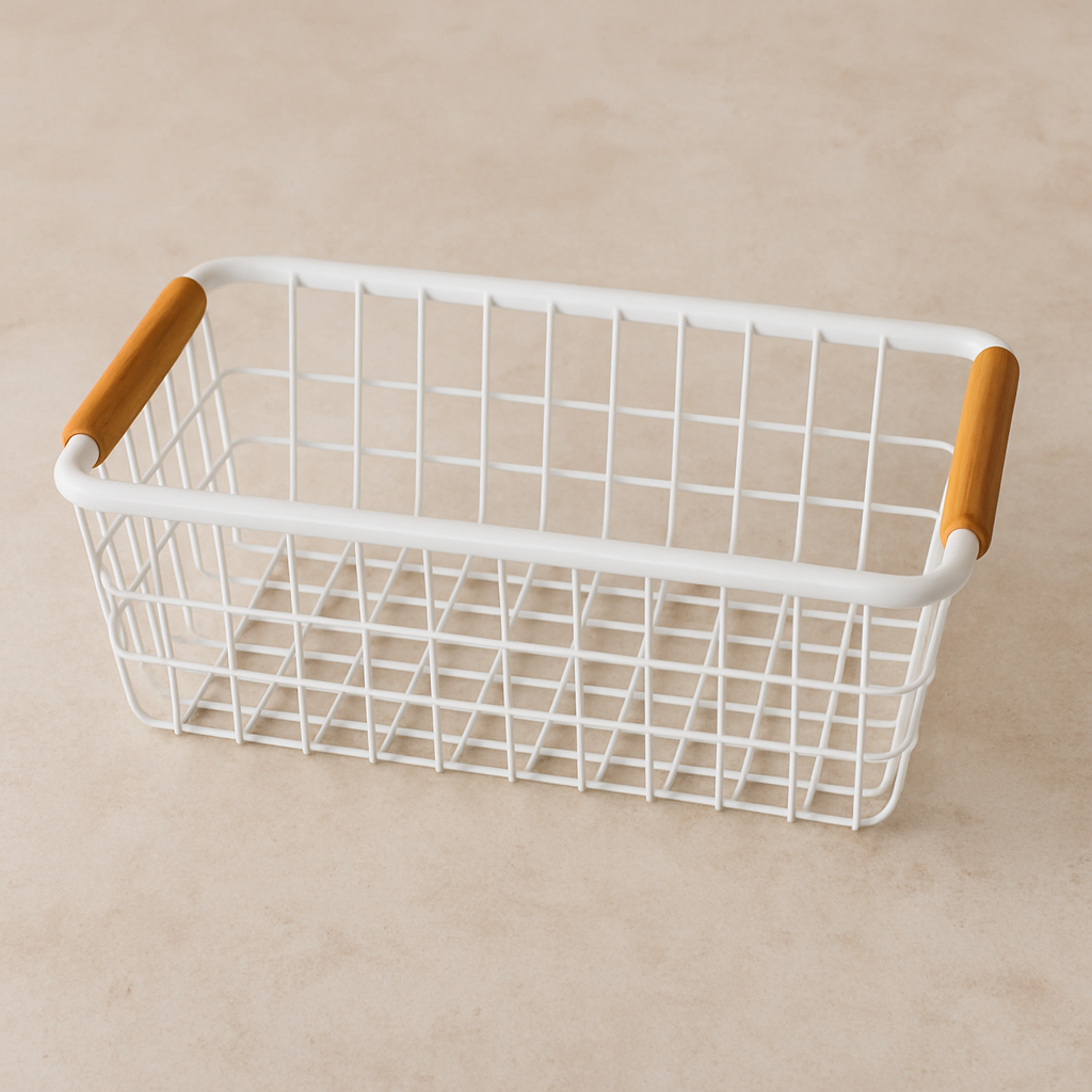 Cesto de Metal com Alça de Bambu Branco – 29x19x12 cm