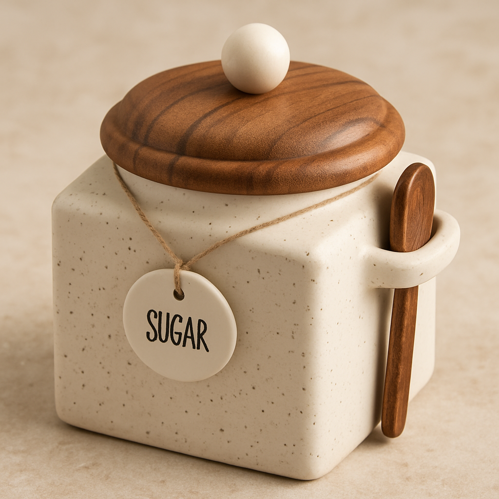 Açucareiro em Cerâmica com Colher de Madeira Bege 12x15 cm – Mabruk