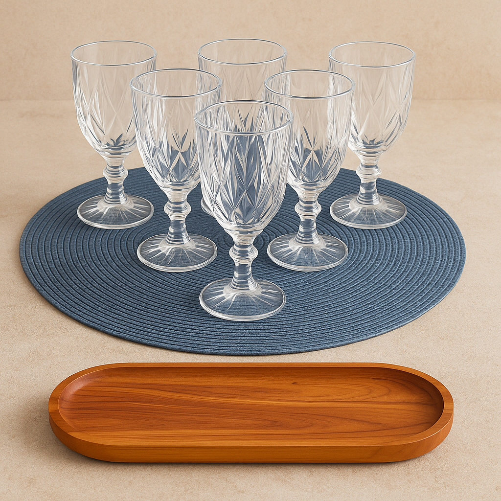 Kit Sábado à Noite – Taças Diamond + Sousplat Luna Azul + Bandeja de Bambu Oval