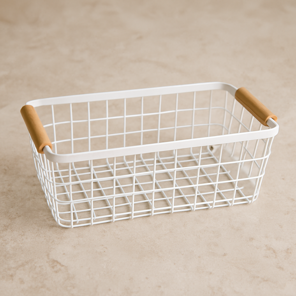 Cesto de Metal com Alça de Bambu Branco – 36x23x12 cm