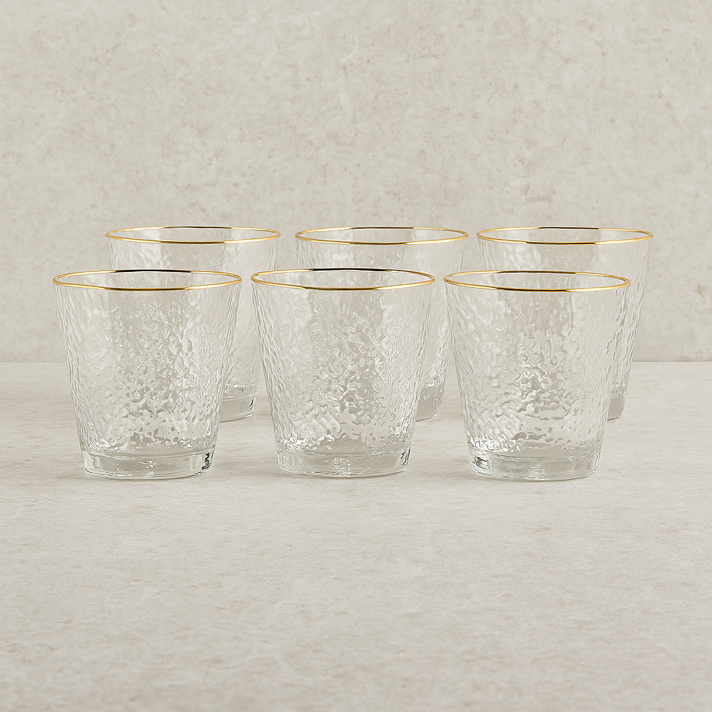 Jogo de Copos de Vidro Baixo Hammers Gold com Filete Dourado 300ml – 6 Peças