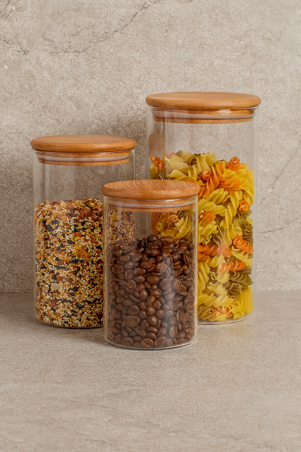 Jogo de Potes de Vidro com Tampa de Bambu – 3 Peças