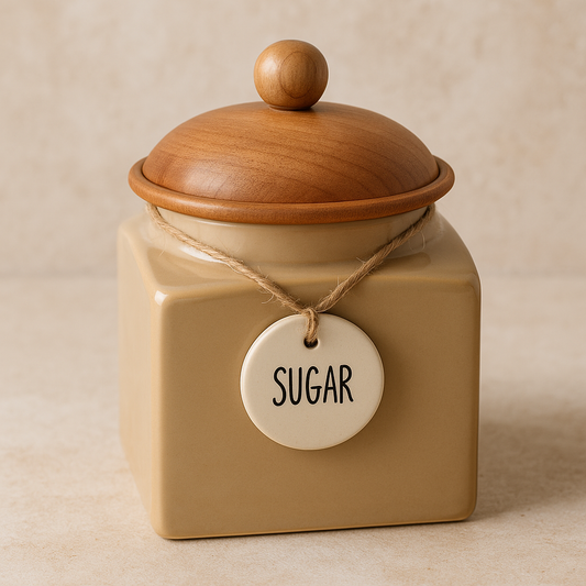 Açucareiro em Cerâmica com Tampa de Madeira Ocre e Marrom 10x15 cm – Mabruk