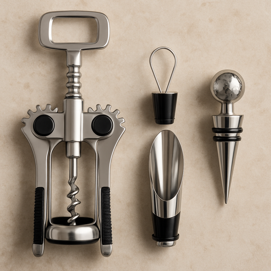 Kit vinho em aço inox com saca-rolhas, tampa e bico dosador – 3 peças
