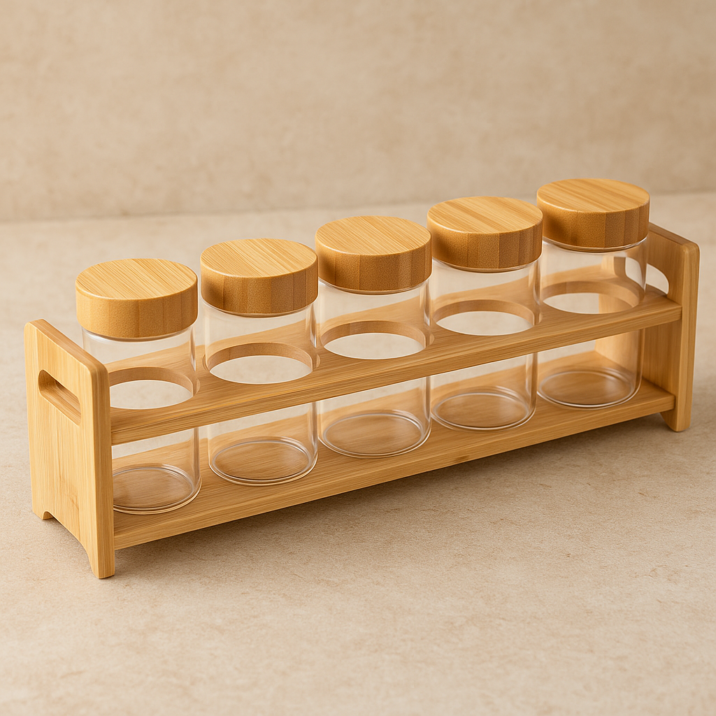 Jogo de Potes de Vidro com Tampa de Bambu e Suporte – 6 Peças – Rojemac