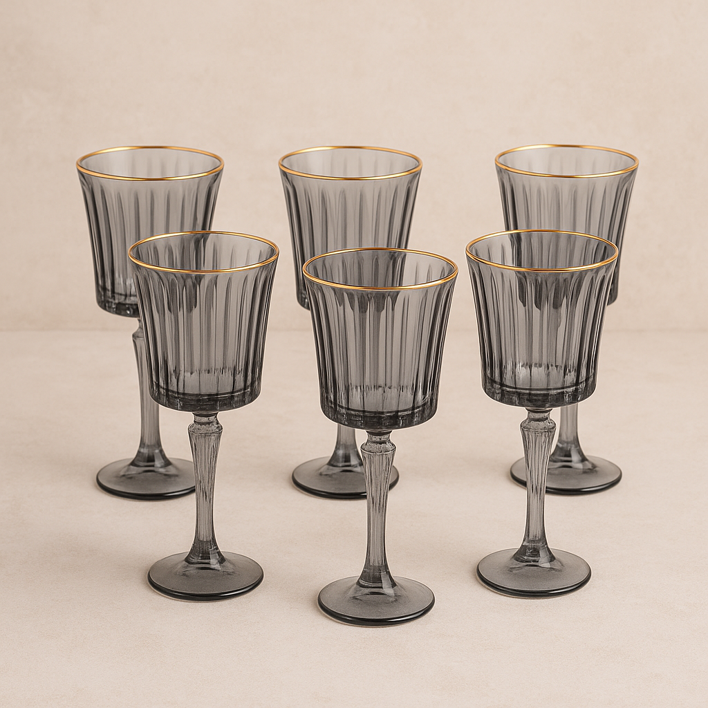 Jogo de Taças de Vidro Egeu Água/Vinho Borda Dourada Cinza 260 ml – 6 Peças