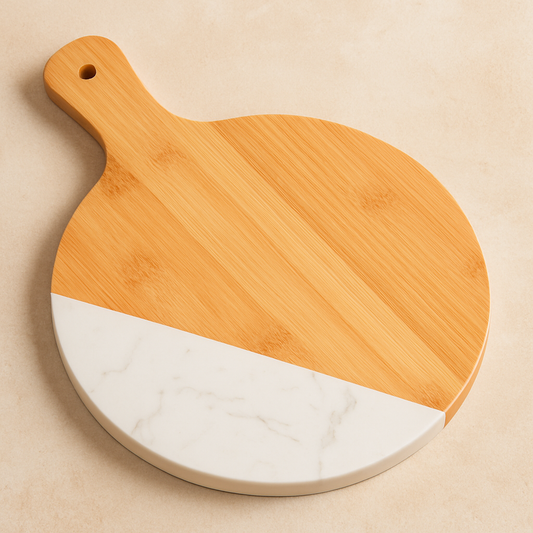 Tábua de Bambu e Mármore Redonda para Frios Natural 36x26 cm – Oikos