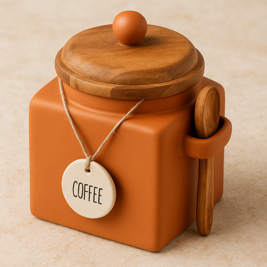 Pote em Cerâmica Coffee com Colher de Madeira Marrom 12x15 cm – Mabruk